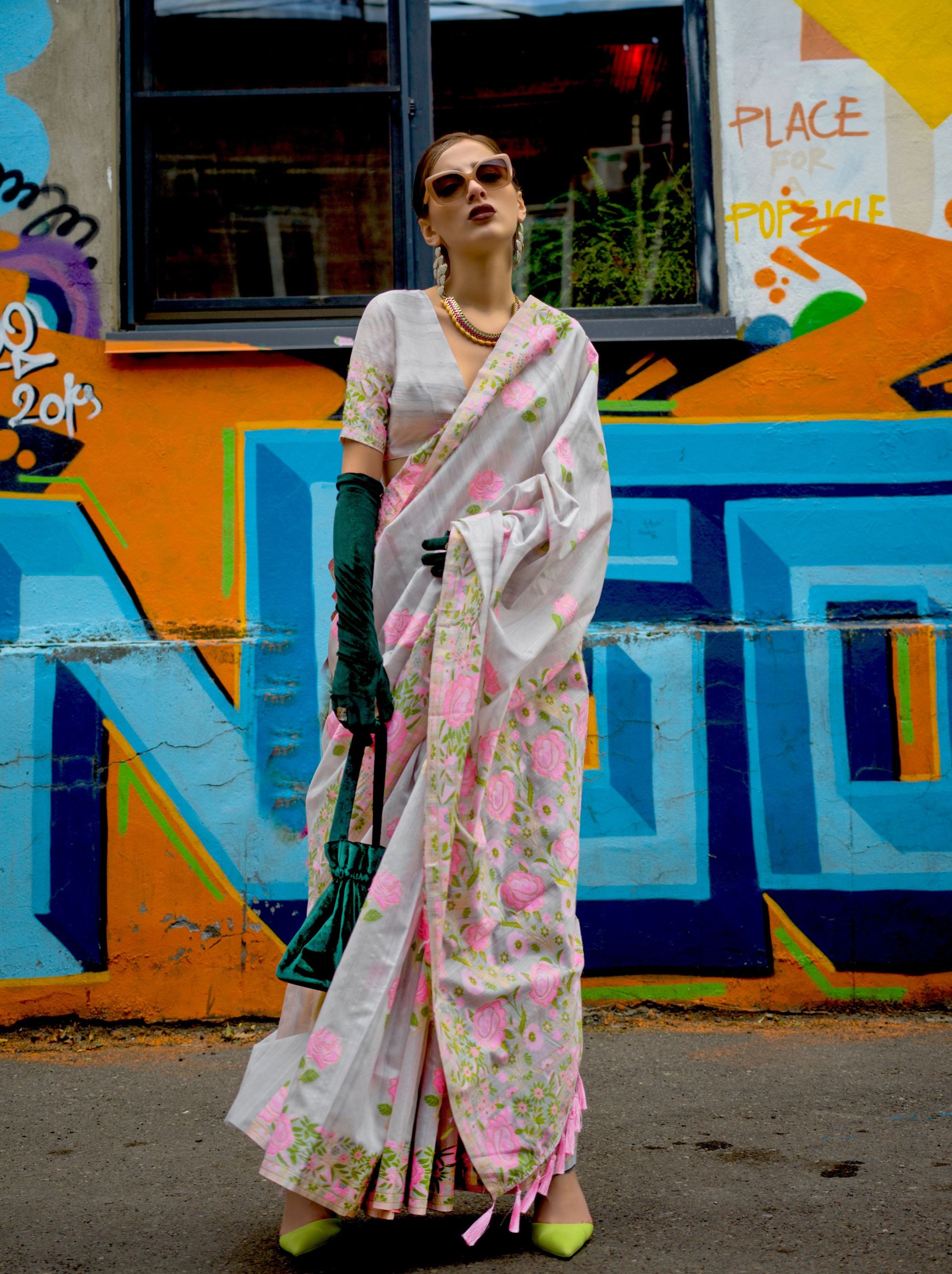 Smoke Grey Designer Silk Blended Saree - TrendOye