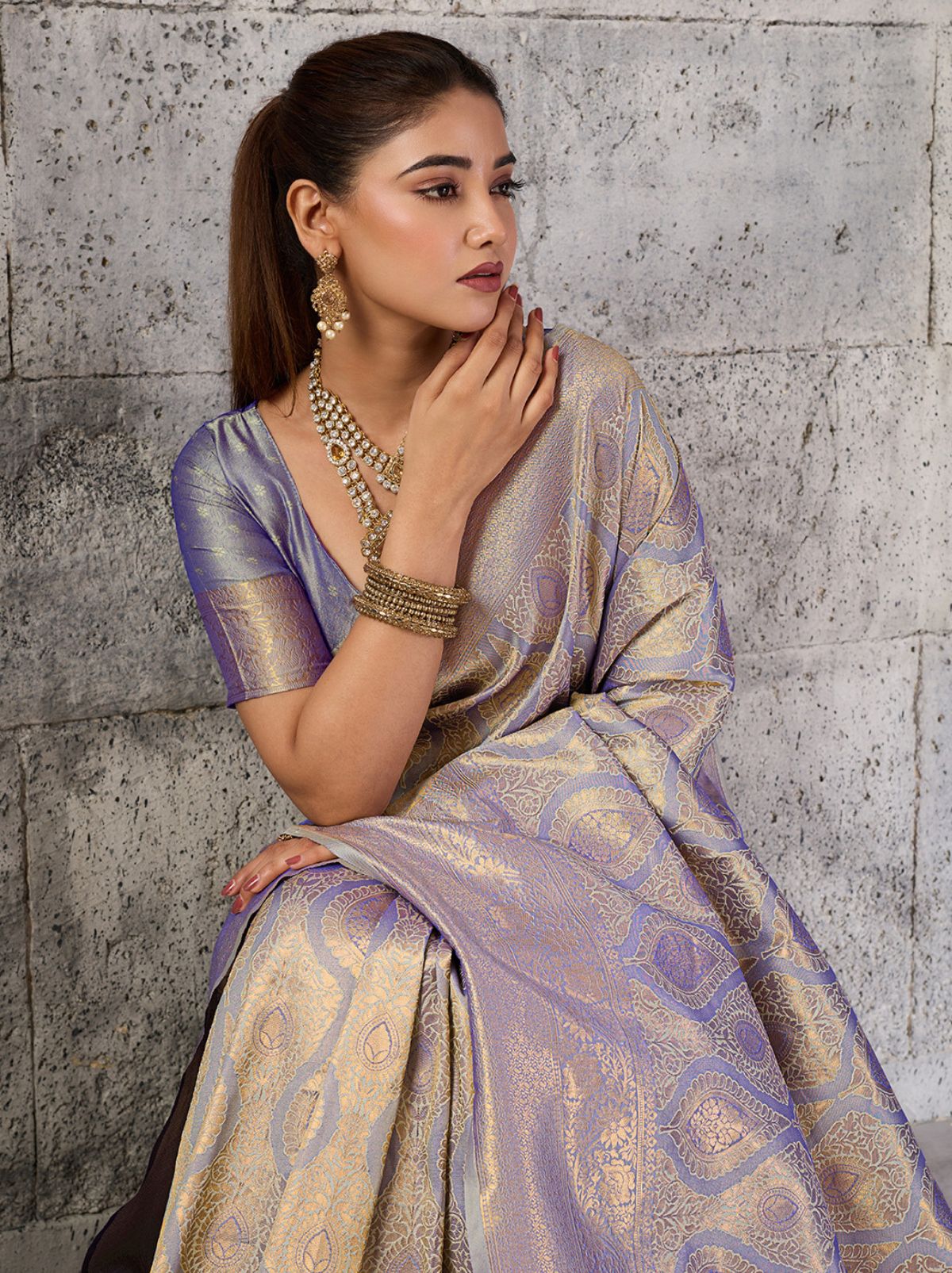 Pastel Blue Kanjivaram Silk Saree with Intricate Gold Zari