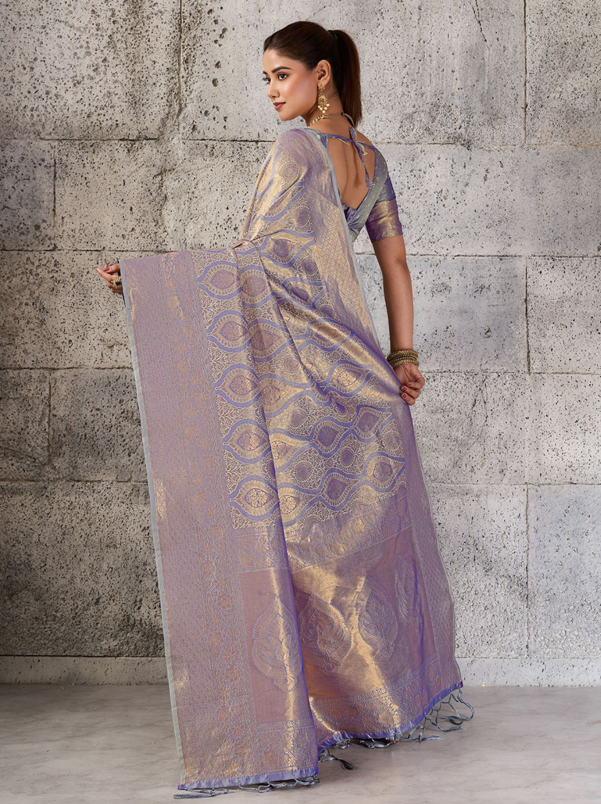 Pastel Blue Kanjivaram Silk Saree with Intricate Gold Zari