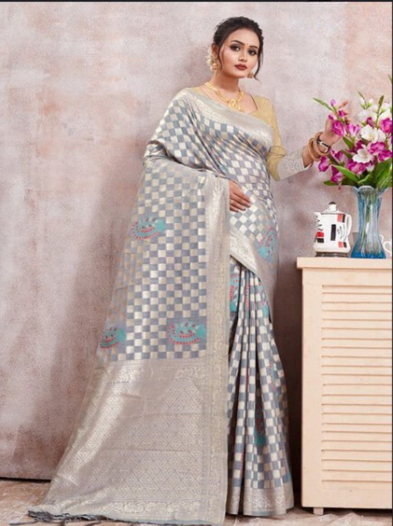 Grey Kota Cotton Silk Designer Saree - TrendOye