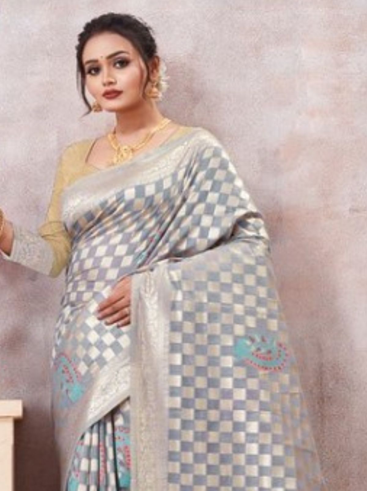 Grey Kota Cotton Silk Designer Saree - TrendOye