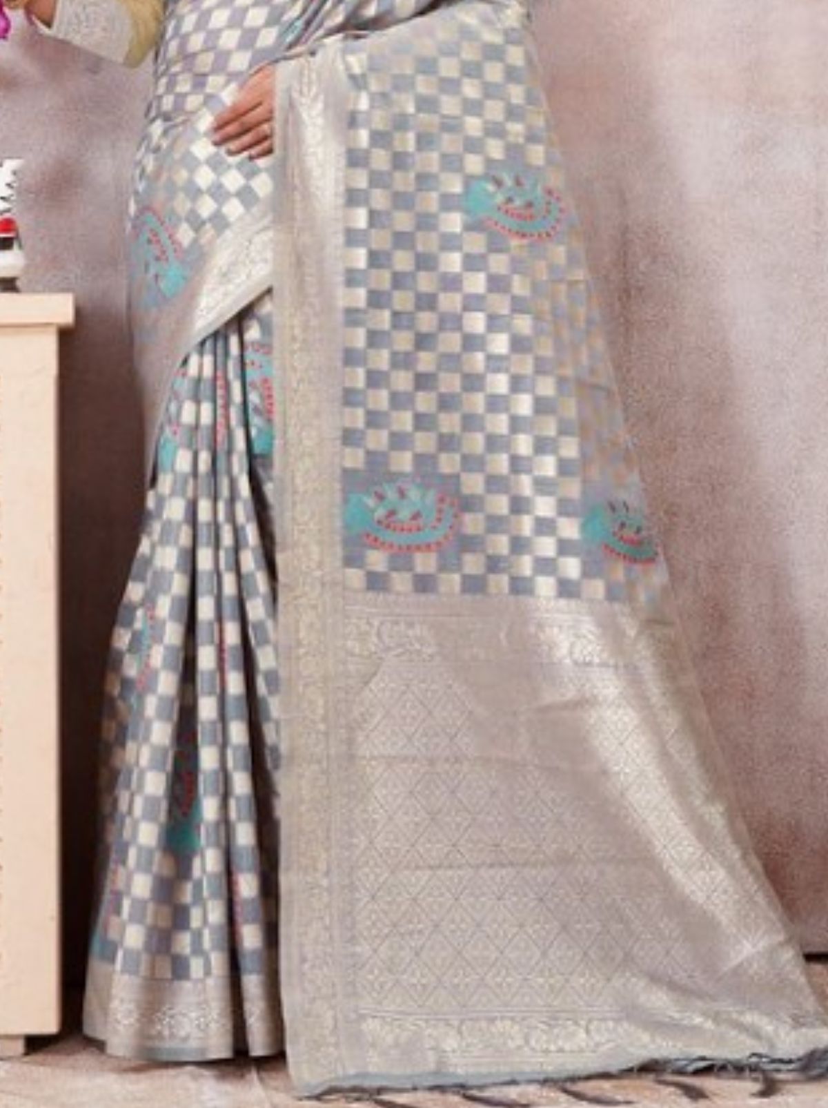 Grey Kota Cotton Silk Designer Saree - TrendOye