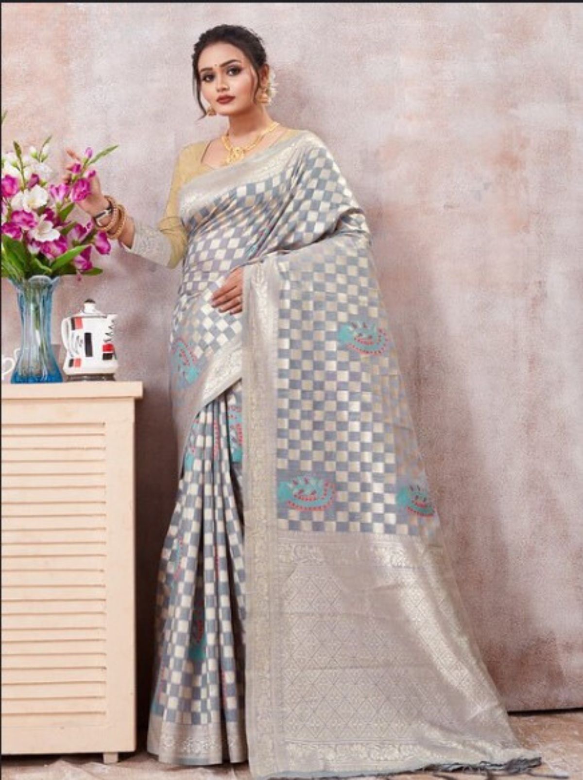 Grey Kota Cotton Silk Designer Saree - TrendOye