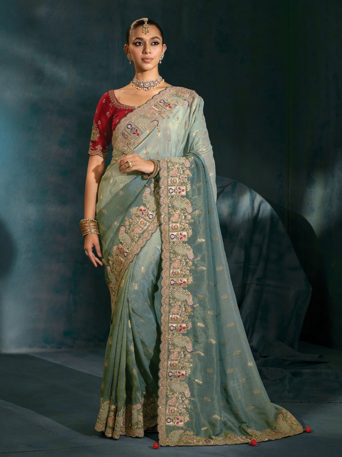 Lava Grey Wedding Luxurious Crepe Silk Saree With Blouse Piece