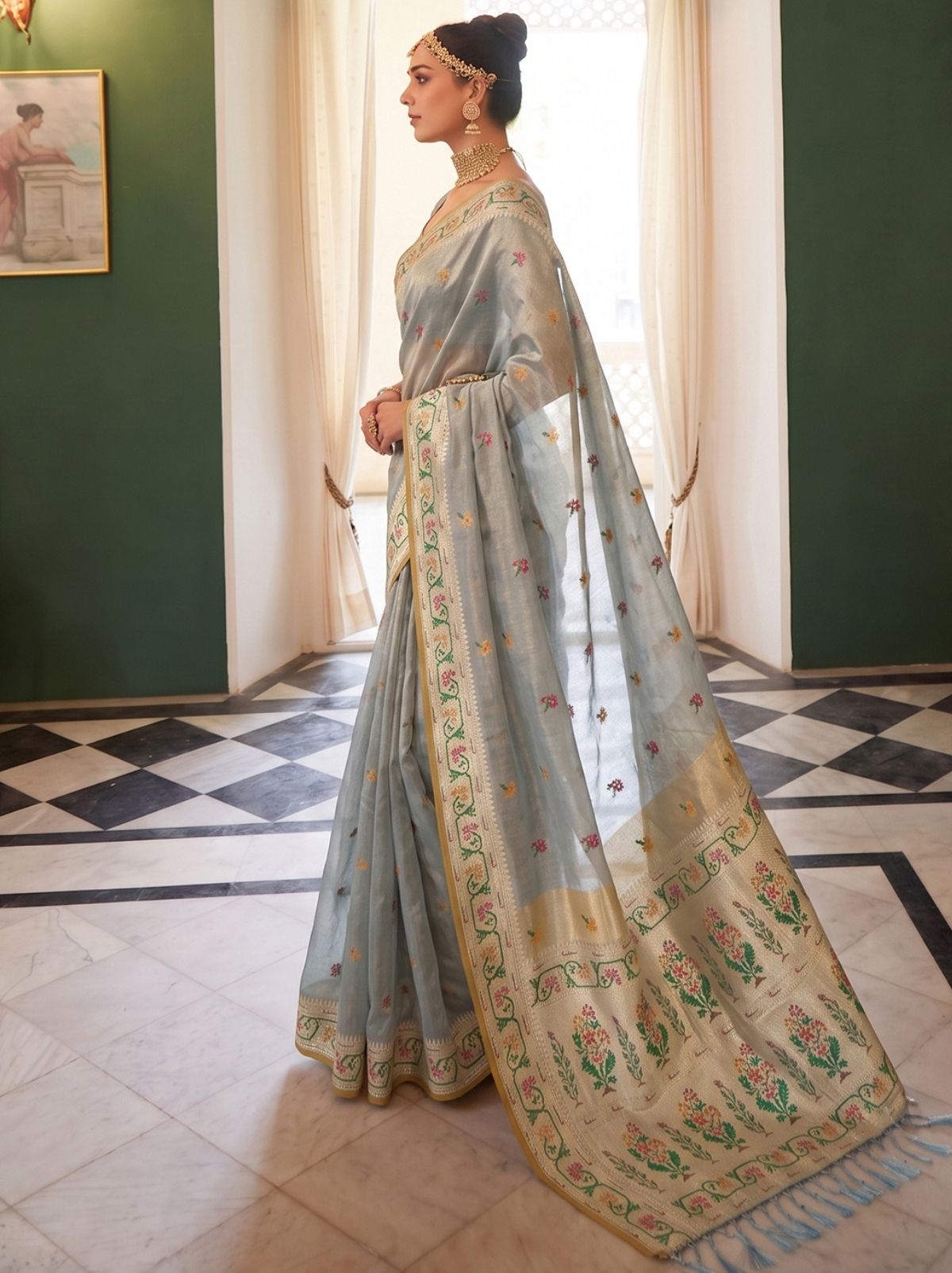 Silver Grey Opulent Tissue Silk Saree with Soft Gold Zari Work