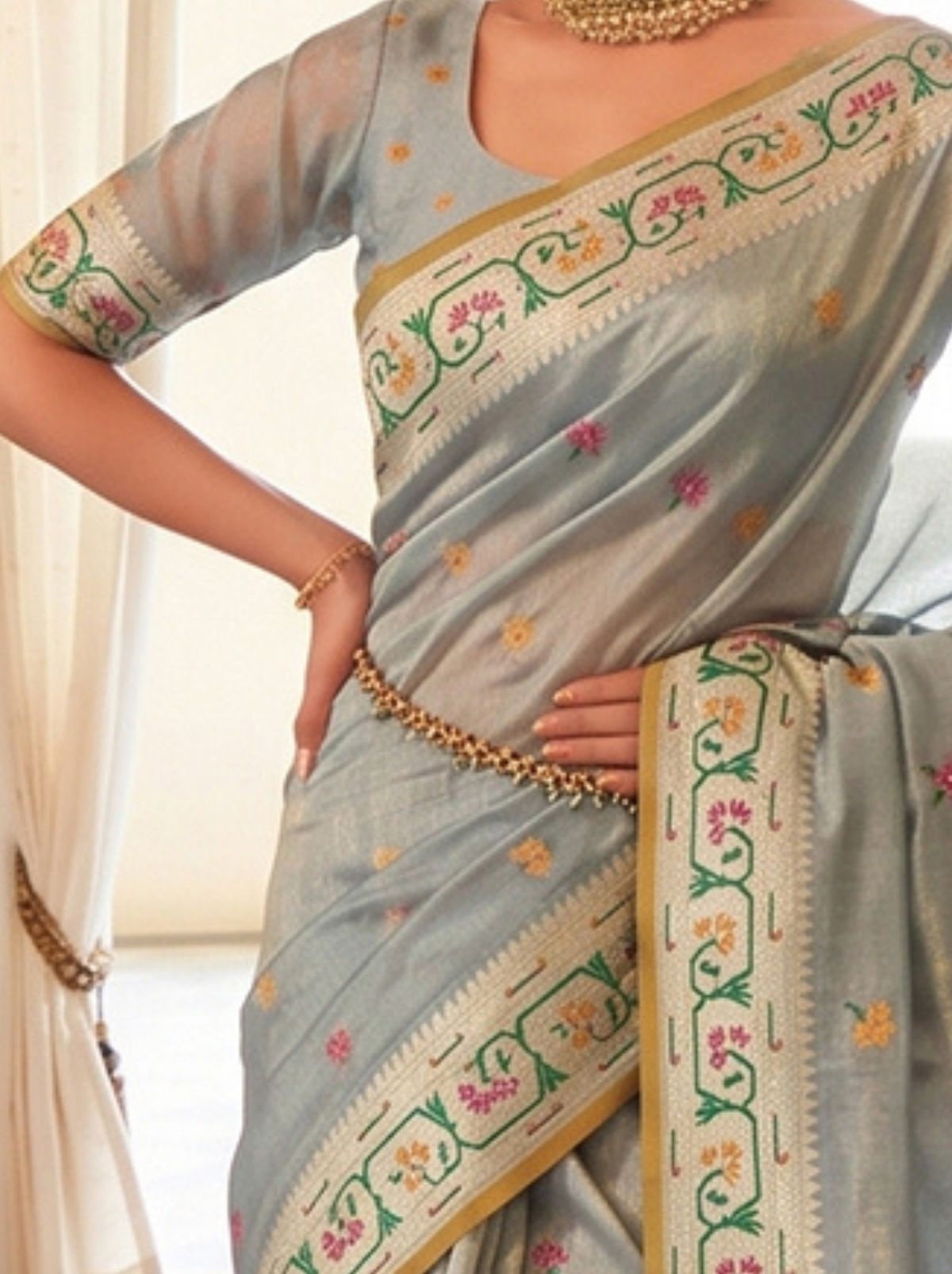 Silver Grey Opulent Tissue Silk Saree with Soft Gold Zari Work
