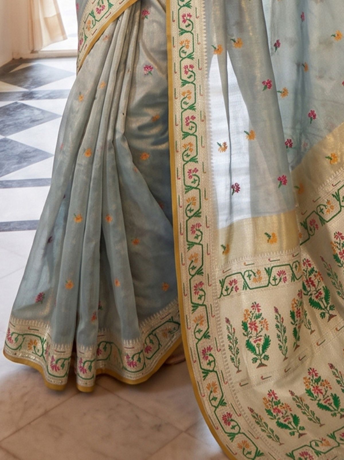 Silver Grey Opulent Tissue Silk Saree with Soft Gold Zari Work