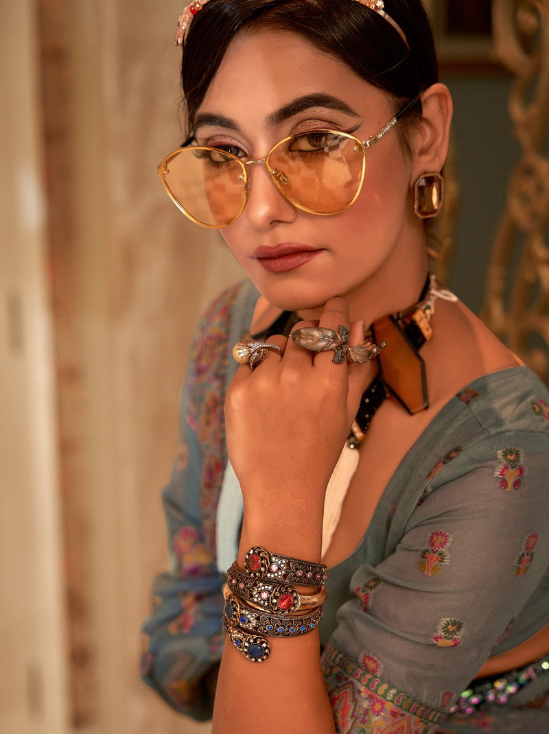 Grey Pashmina Silk Saree With Colorful Woven Motifs - TrendOye