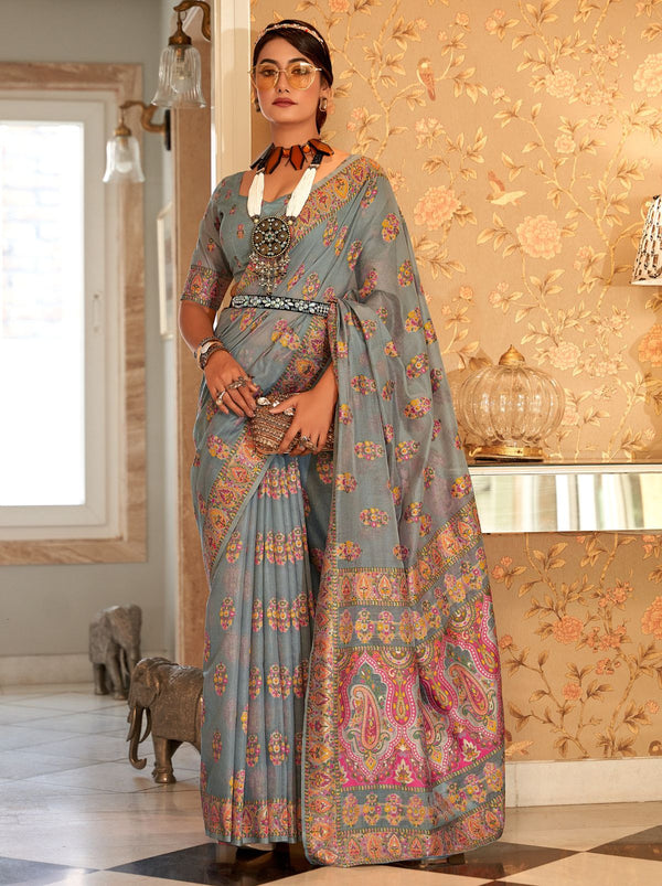 Grey Pashmina Silk Saree With Colorful Woven Motifs - TrendOye