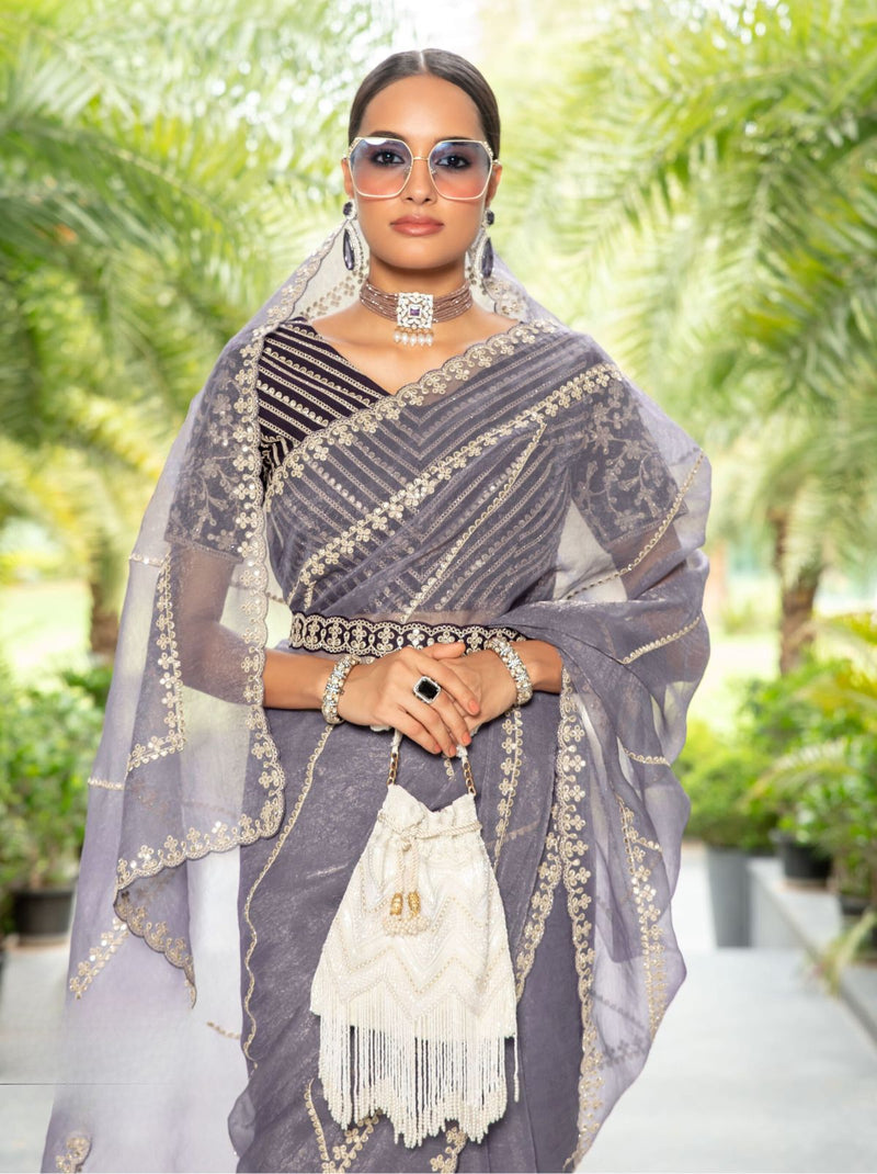 Pewter Grey Premium Organza Designer Saree