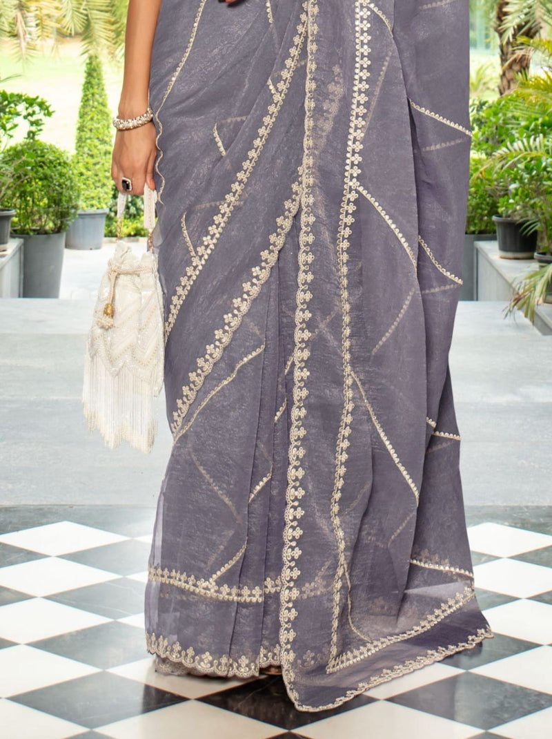 Pewter Grey Premium Organza Designer Saree