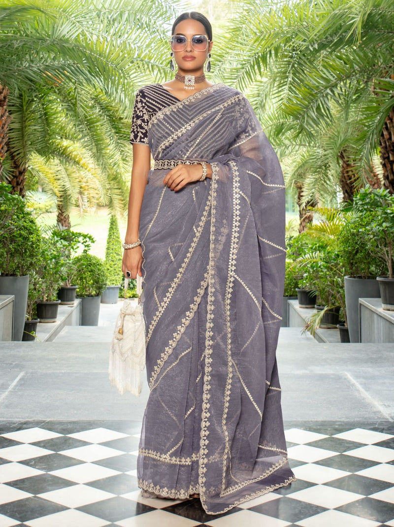 Pewter Grey Premium Organza Designer Saree - TrendOye