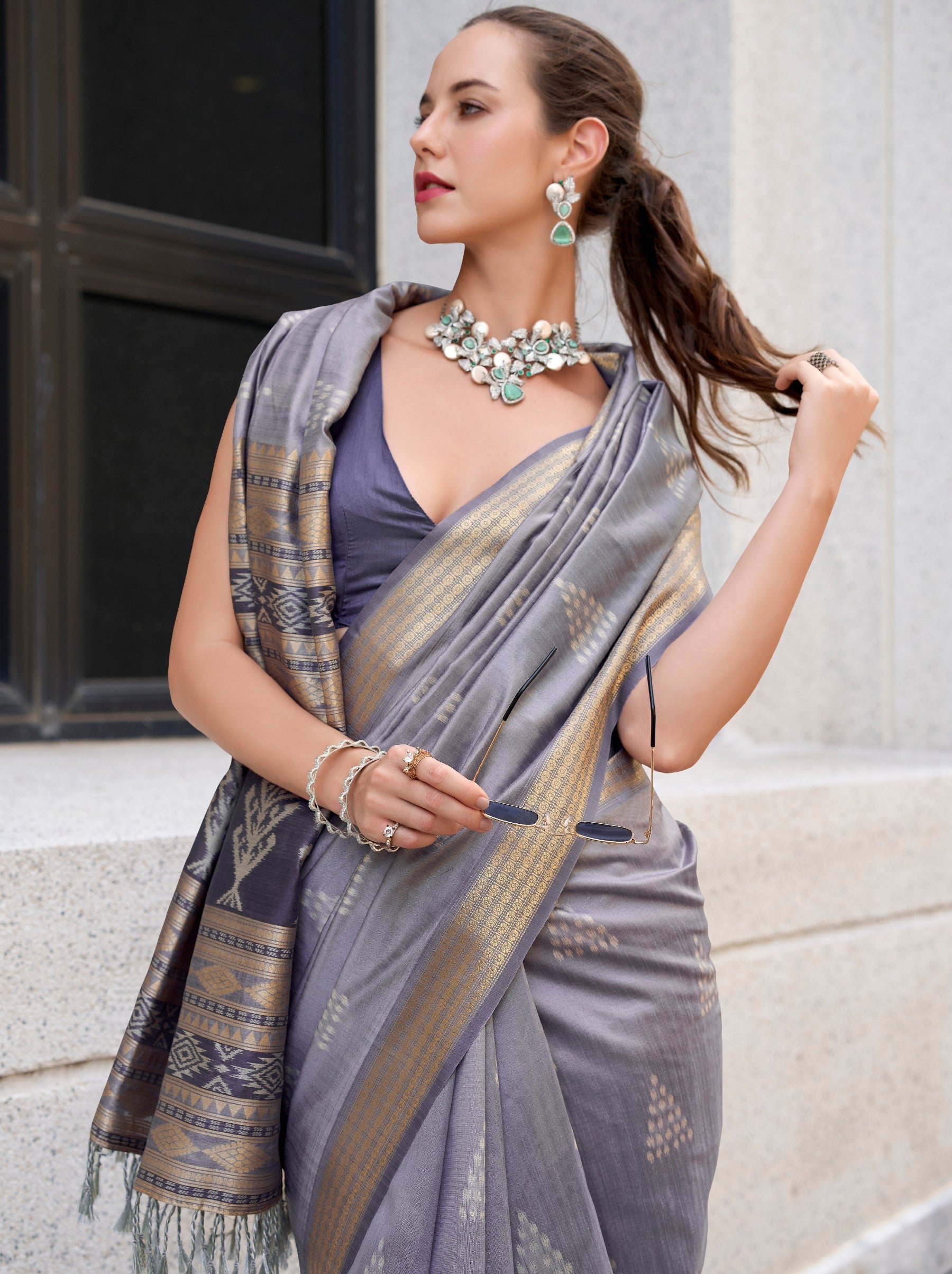 Lava Grey Celebration Saree - TrendOye