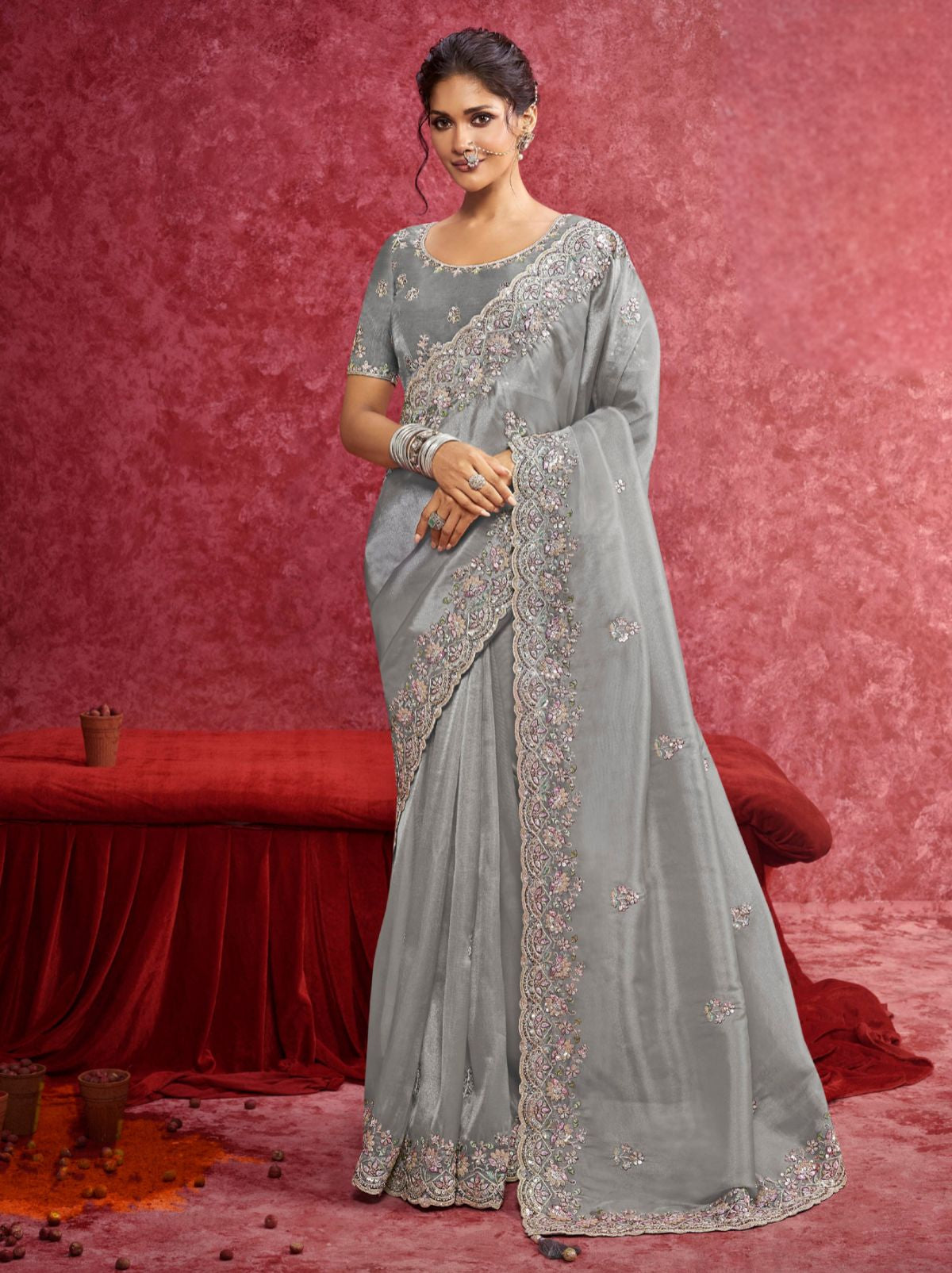 Smoke Grey Premium Fancy Saree With Sequin Work