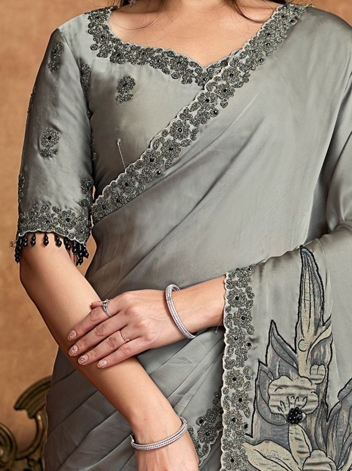 Pewter Gray Premium Reception Wear Saree With Unstitched Blouse