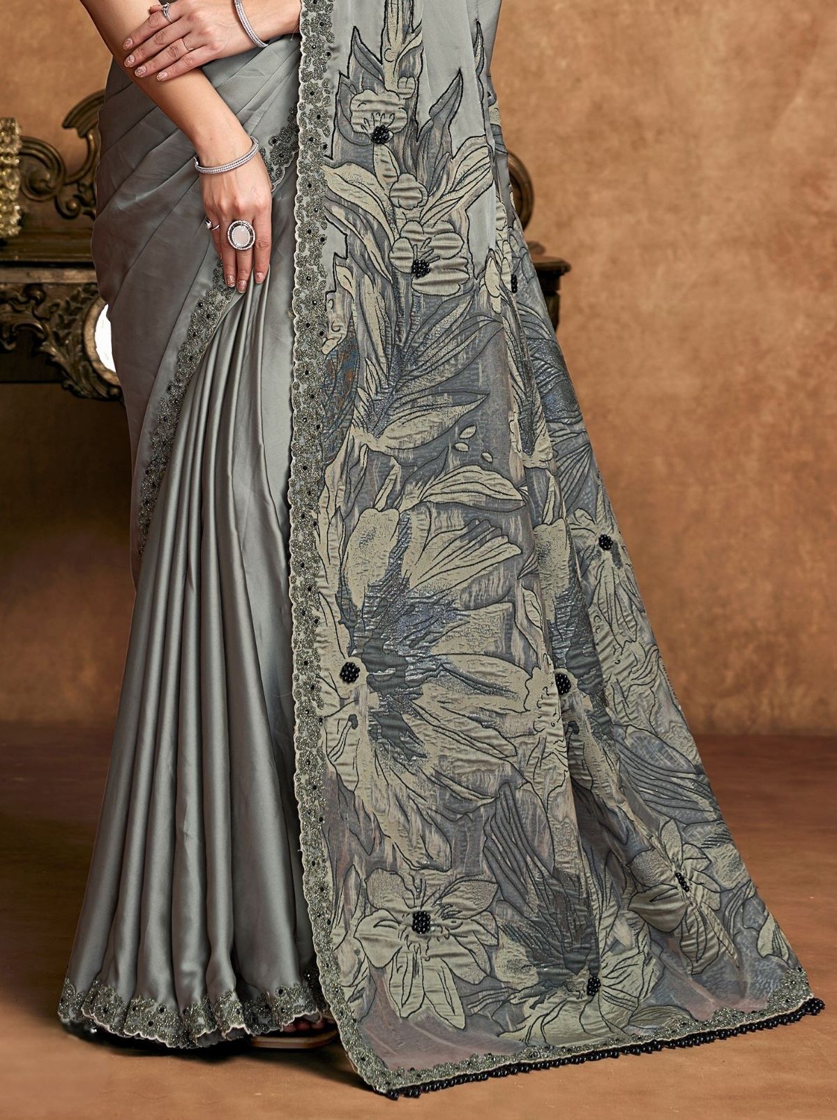 Pewter Gray Premium Reception Wear Saree With Unstitched Blouse