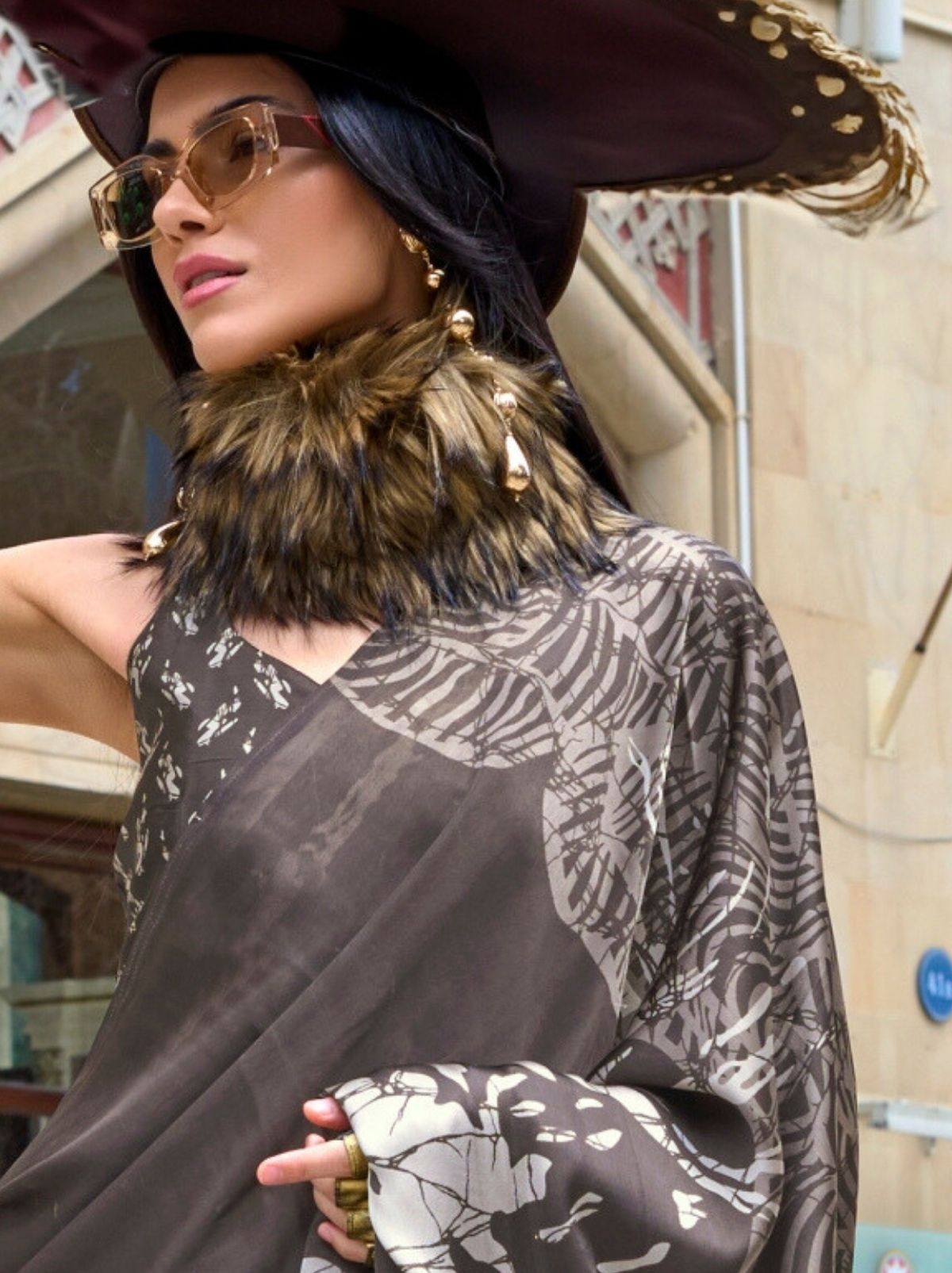 Steel Grey Premium Satin Designer Saree - TrendOye