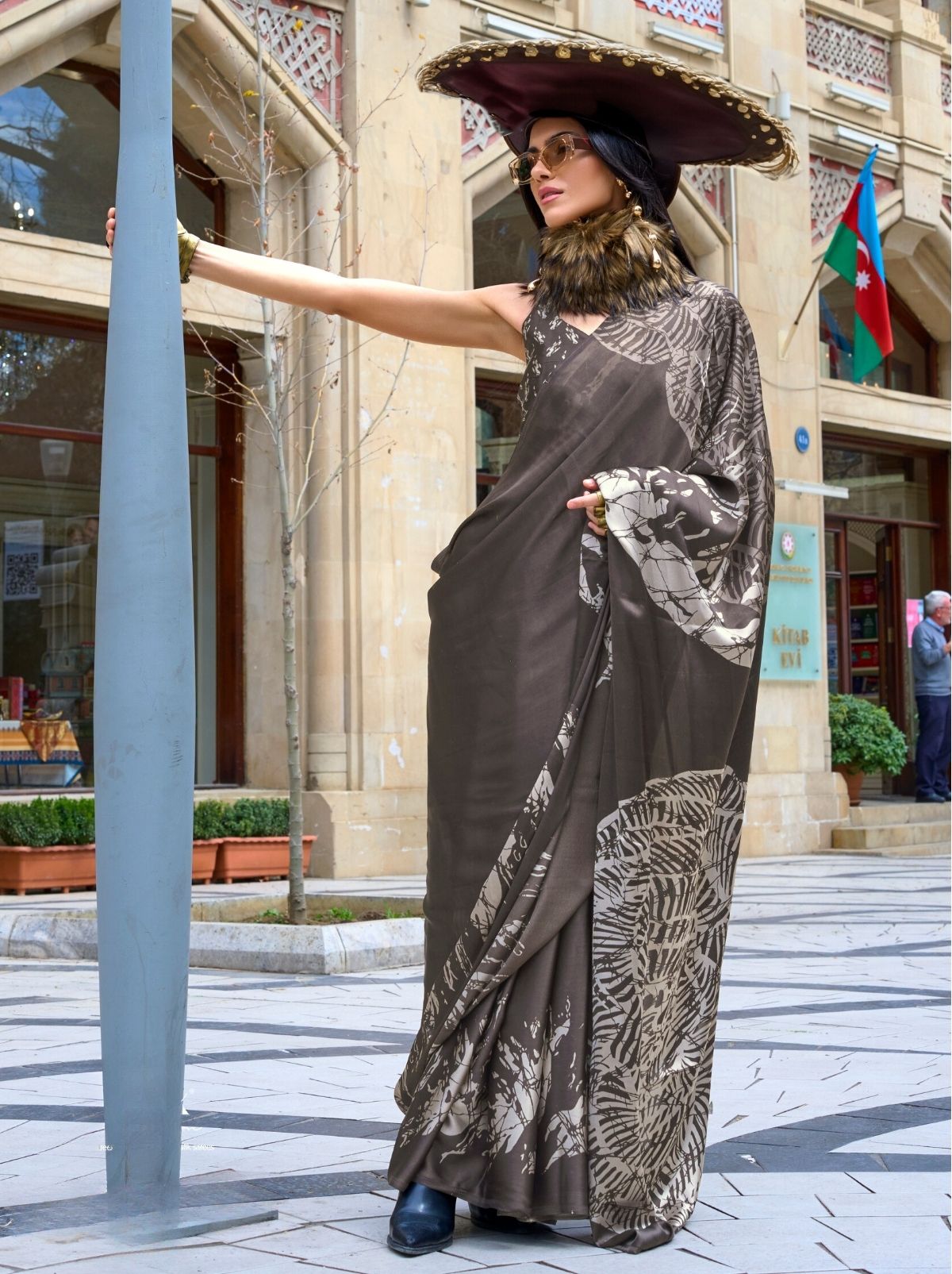 Steel Grey Premium Satin Designer Saree - TrendOye