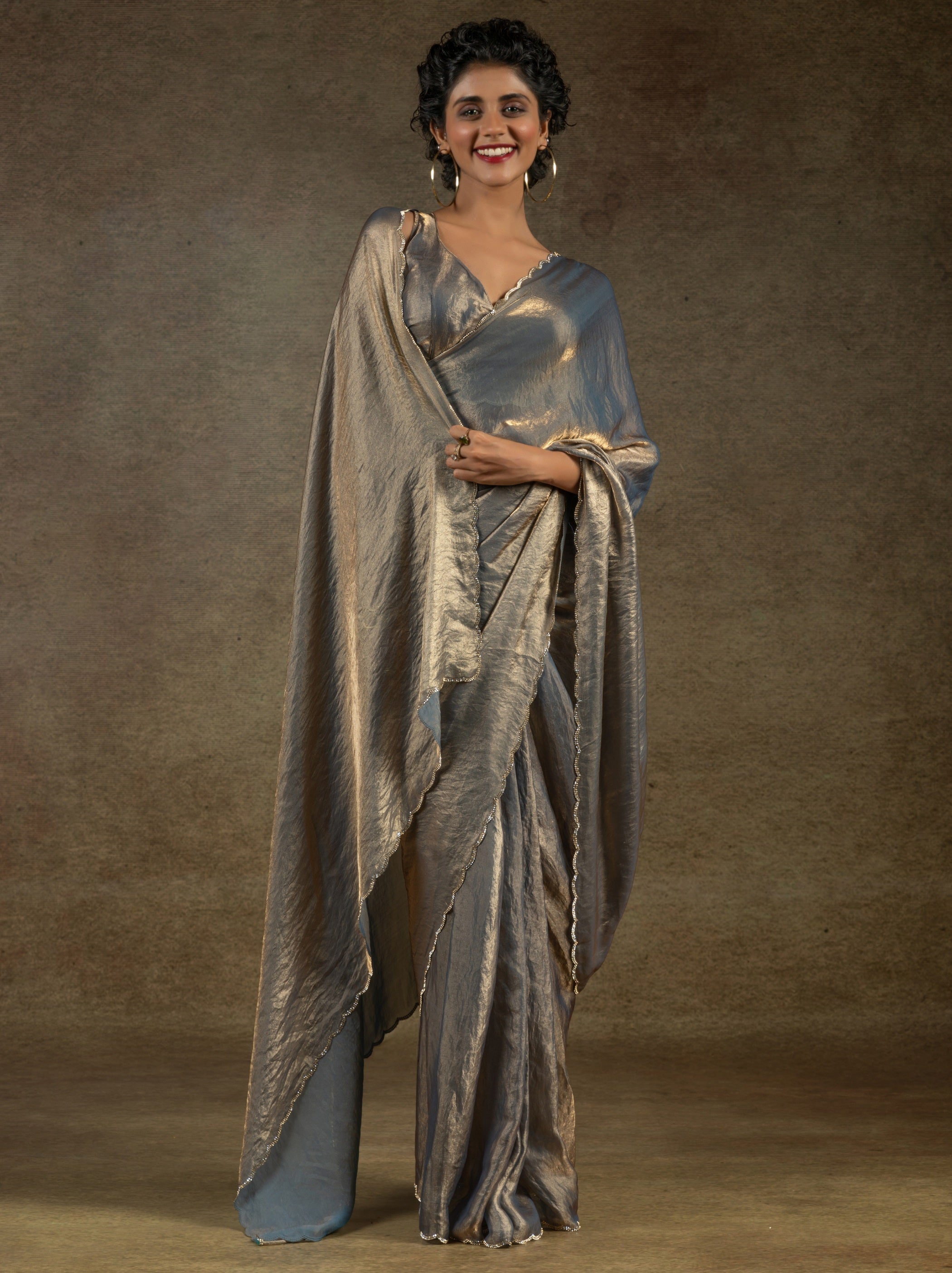 Fossil Grey Designer Ready to Wear Party Saree With Stone Work