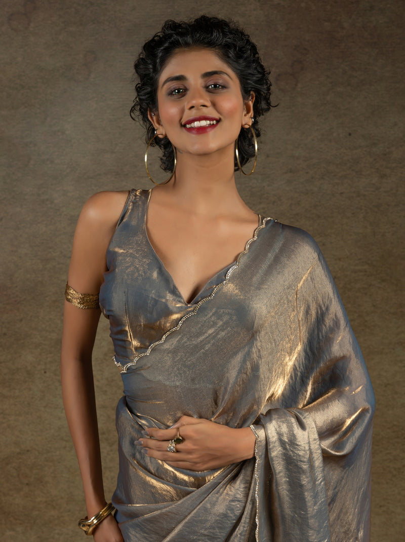Fossil Grey Designer Ready to Wear Party Saree With Stone Work