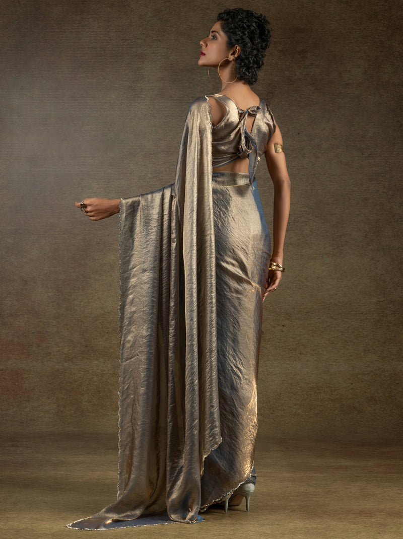Fossil Grey Designer Ready to Wear Party Saree With Stone Work