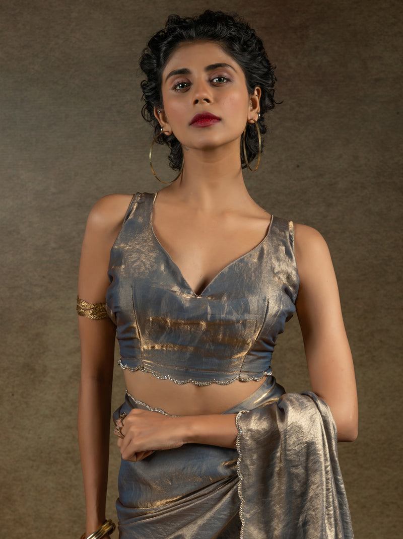 Fossil Grey Designer Ready to Wear Party Saree With Stone Work