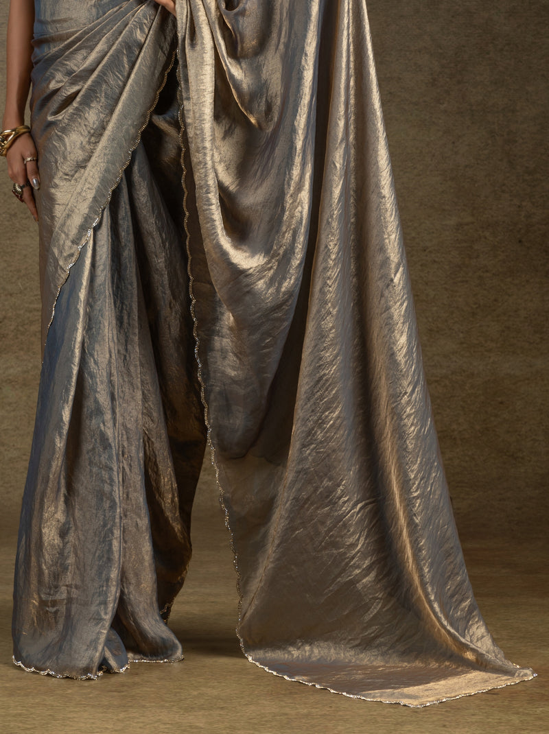 Fossil Grey Designer Ready to Wear Party Saree With Stone Work