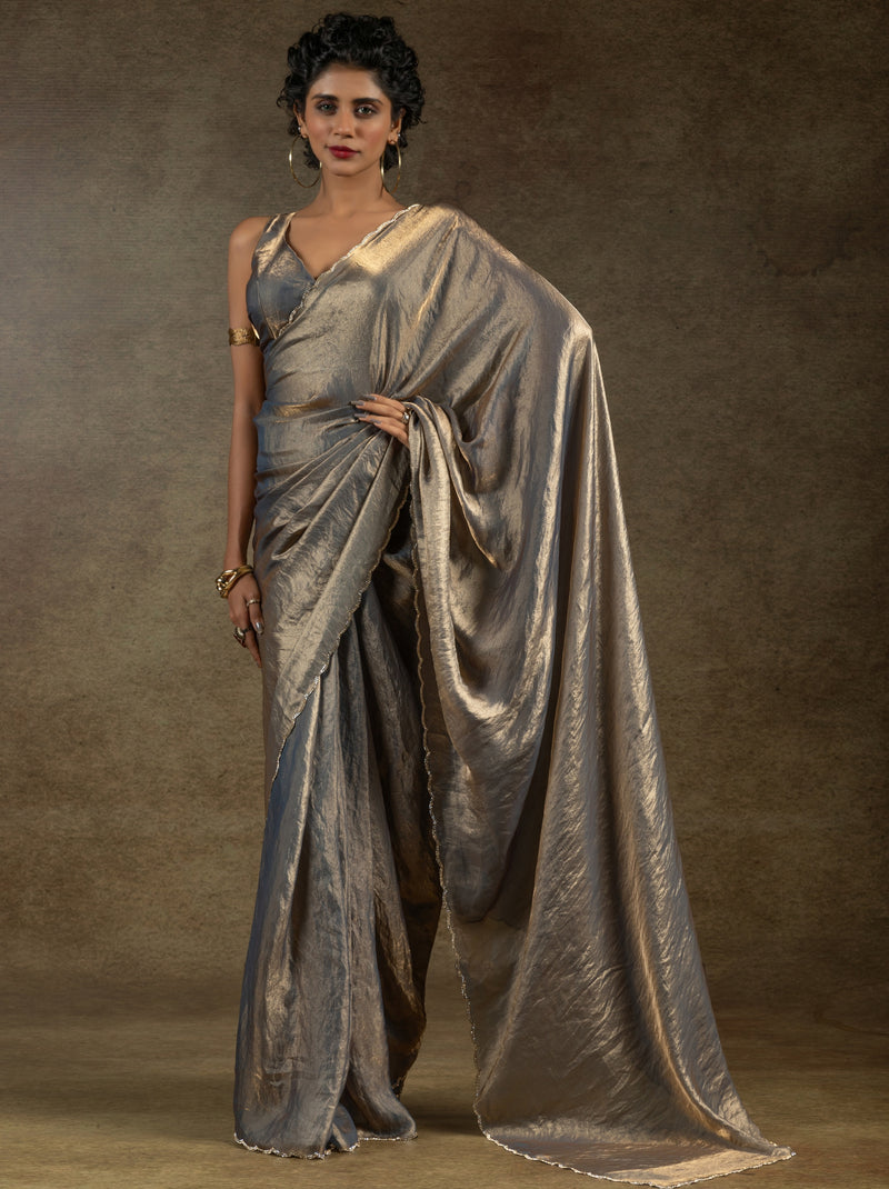 Fossil Grey Designer Ready to Wear Party Saree With Stone Work