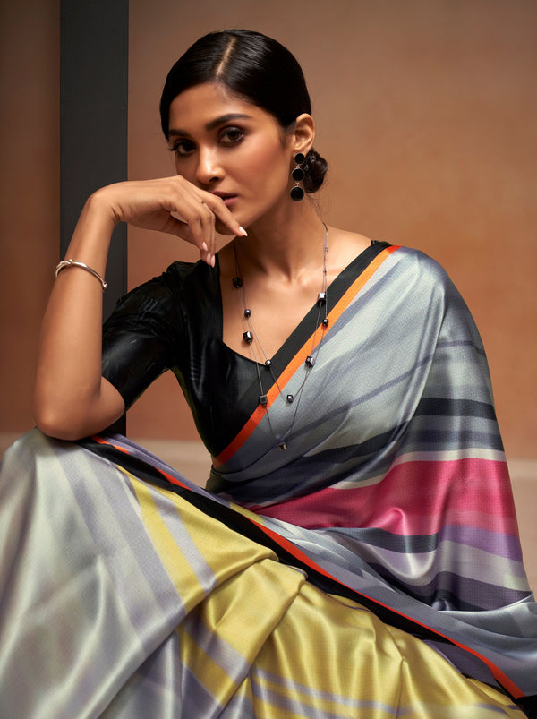 Lava Grey Satin Silk Designer Saree - TrendOye