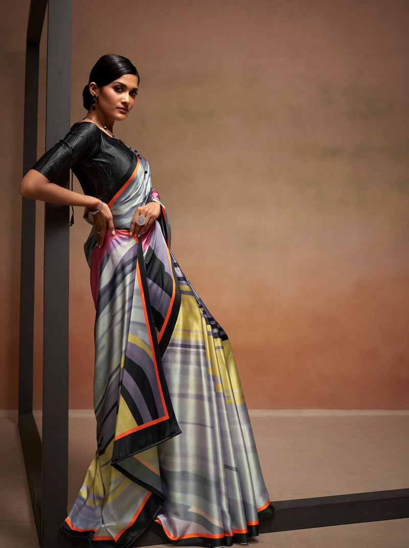 Lava Grey Satin Silk Designer Saree - TrendOye