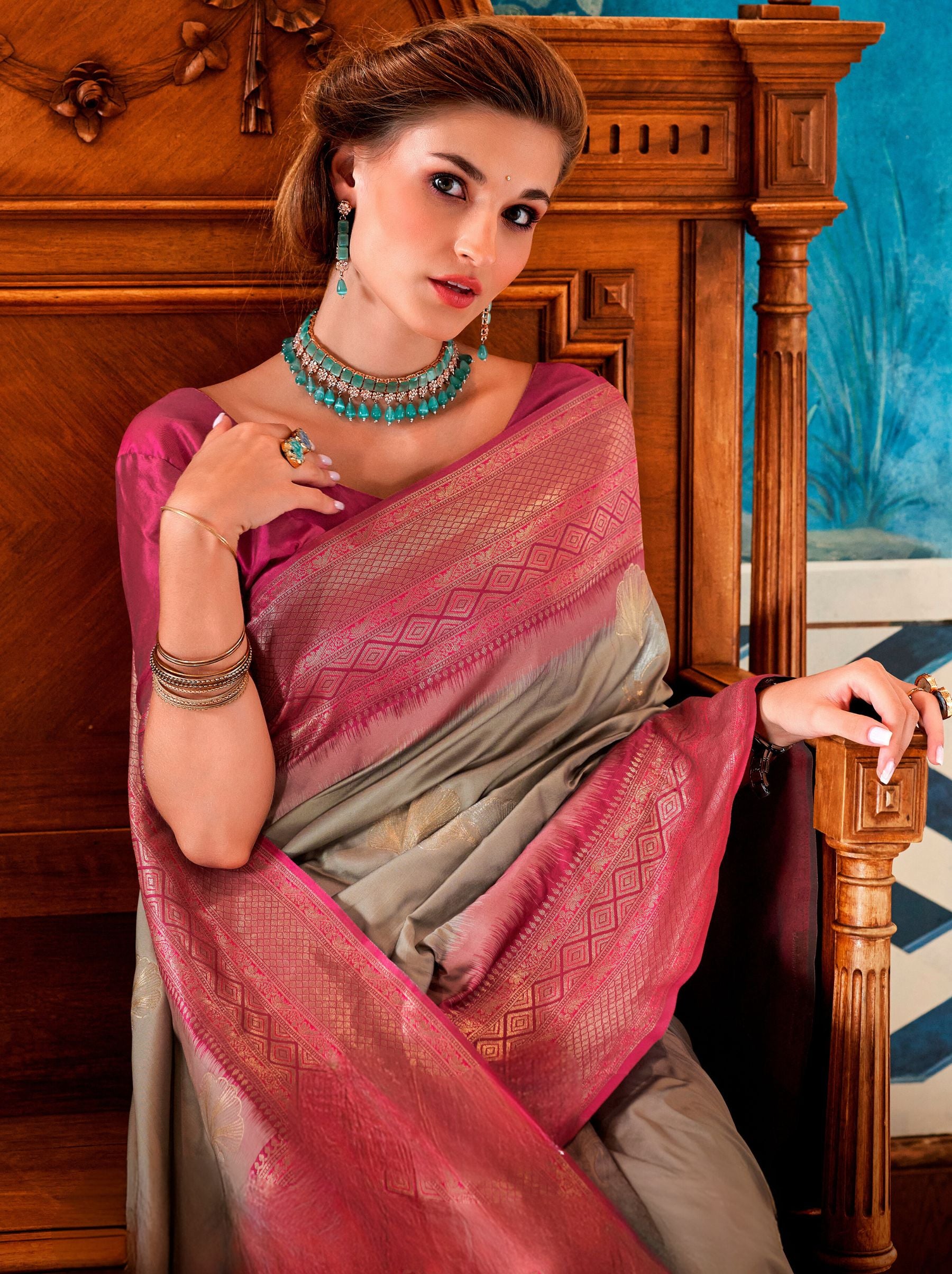 Mink Grey Zari Woven Silk Wedding Saree - TrendOye