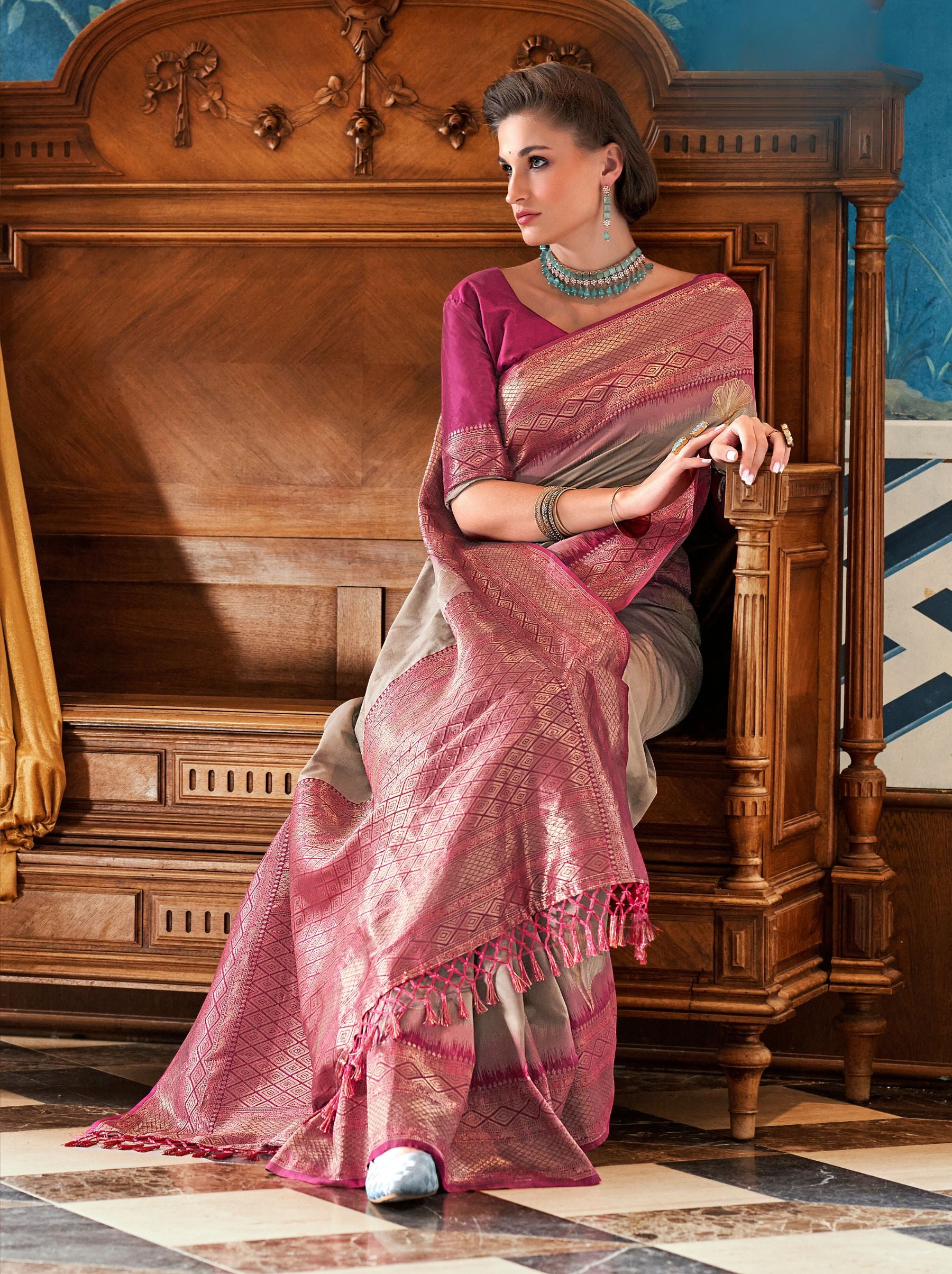 Mink Grey Zari Woven Silk Wedding Saree- TrendOye