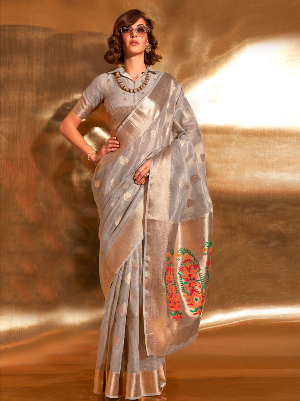 Pewter Grey Paithani Tissue Silk Blended Saree - TrendOye
