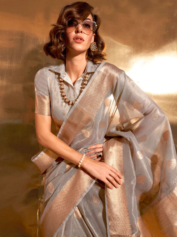 Pewter Grey Paithani Tissue Silk Blended Saree - TrendOye