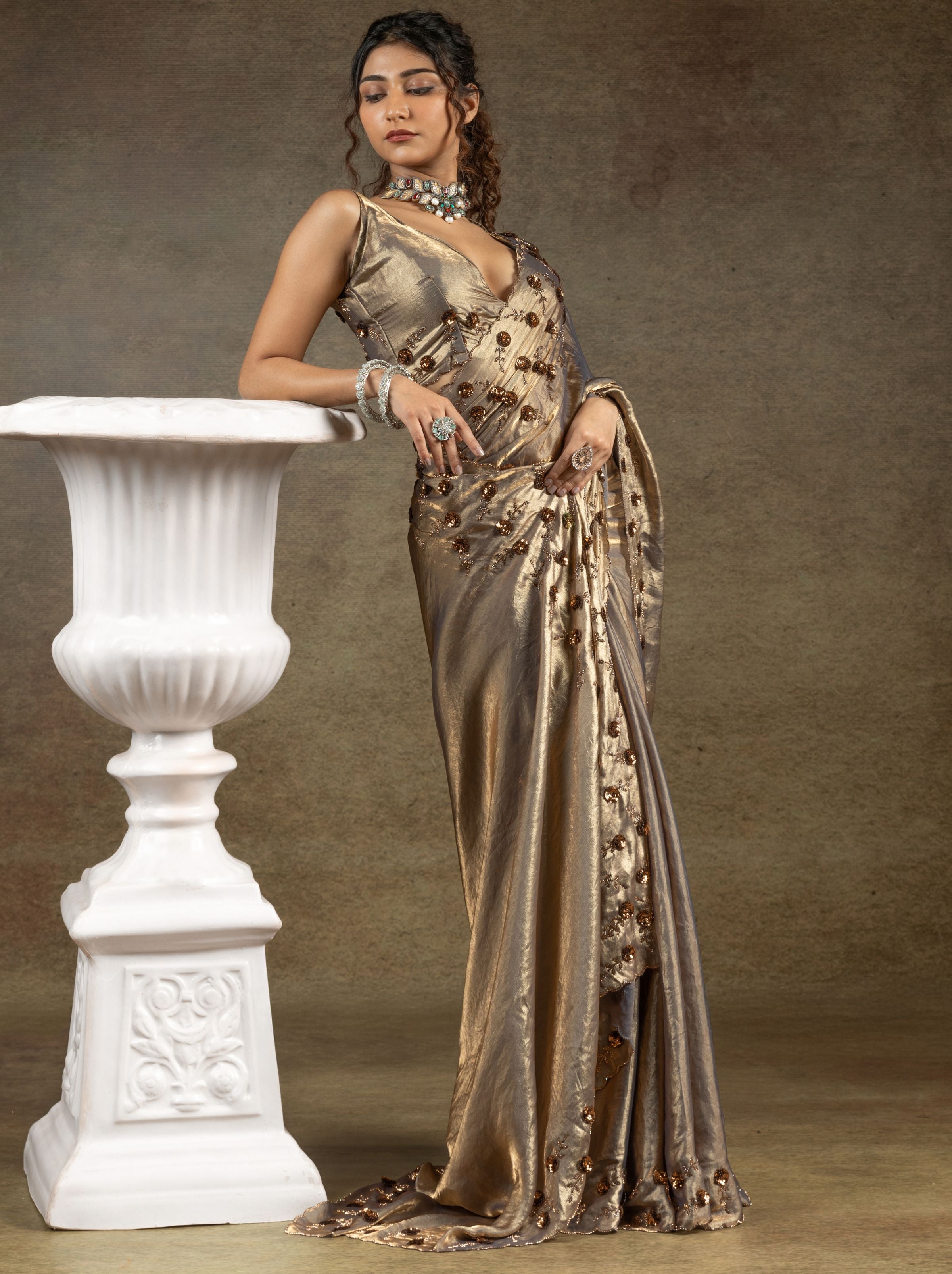 Lava Grey Satin Silk Party Saree With Blouse Piece - TrendOye
