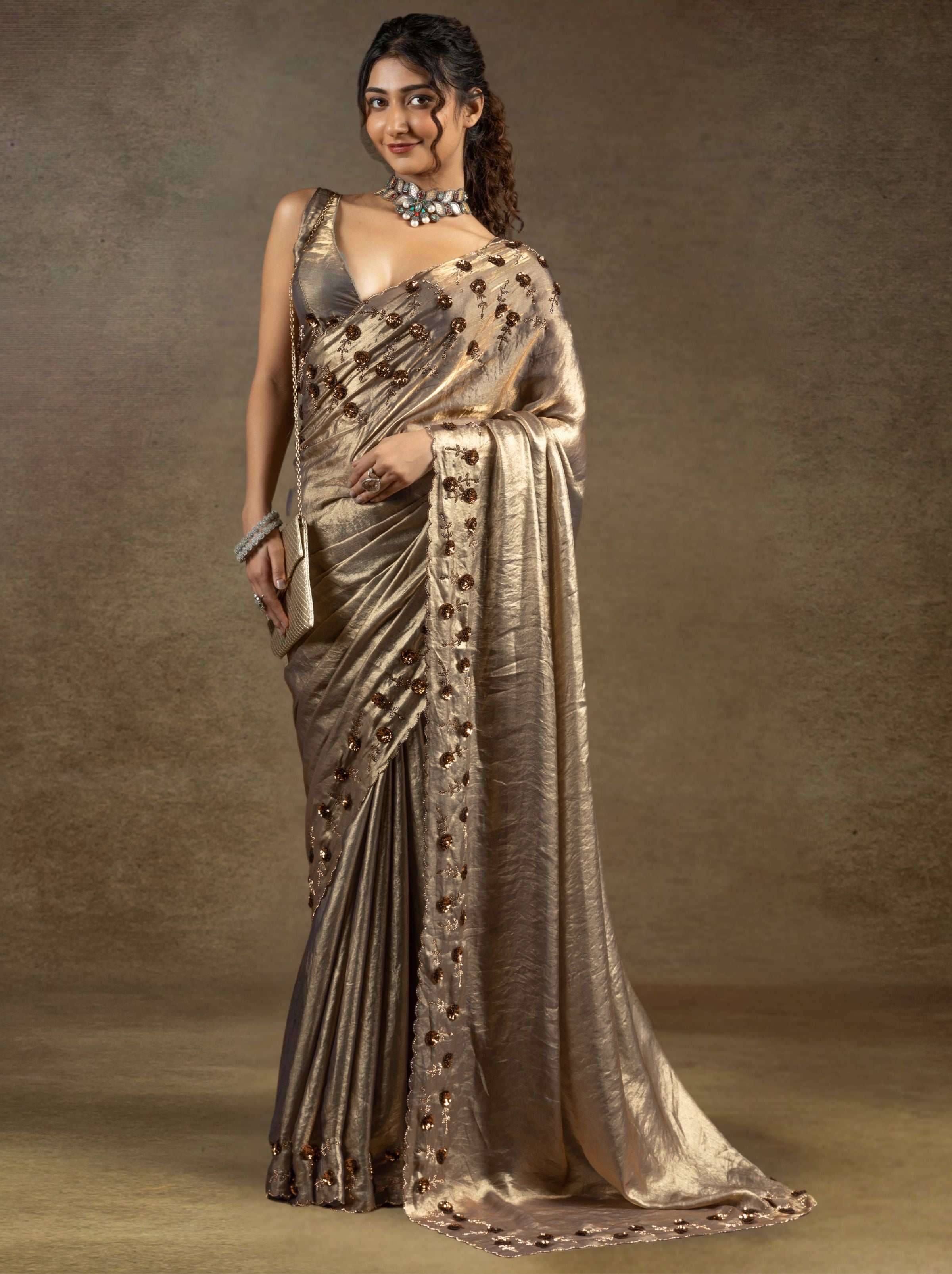 Lava Grey Satin Silk Party Saree With Blouse Piece - TrendOye