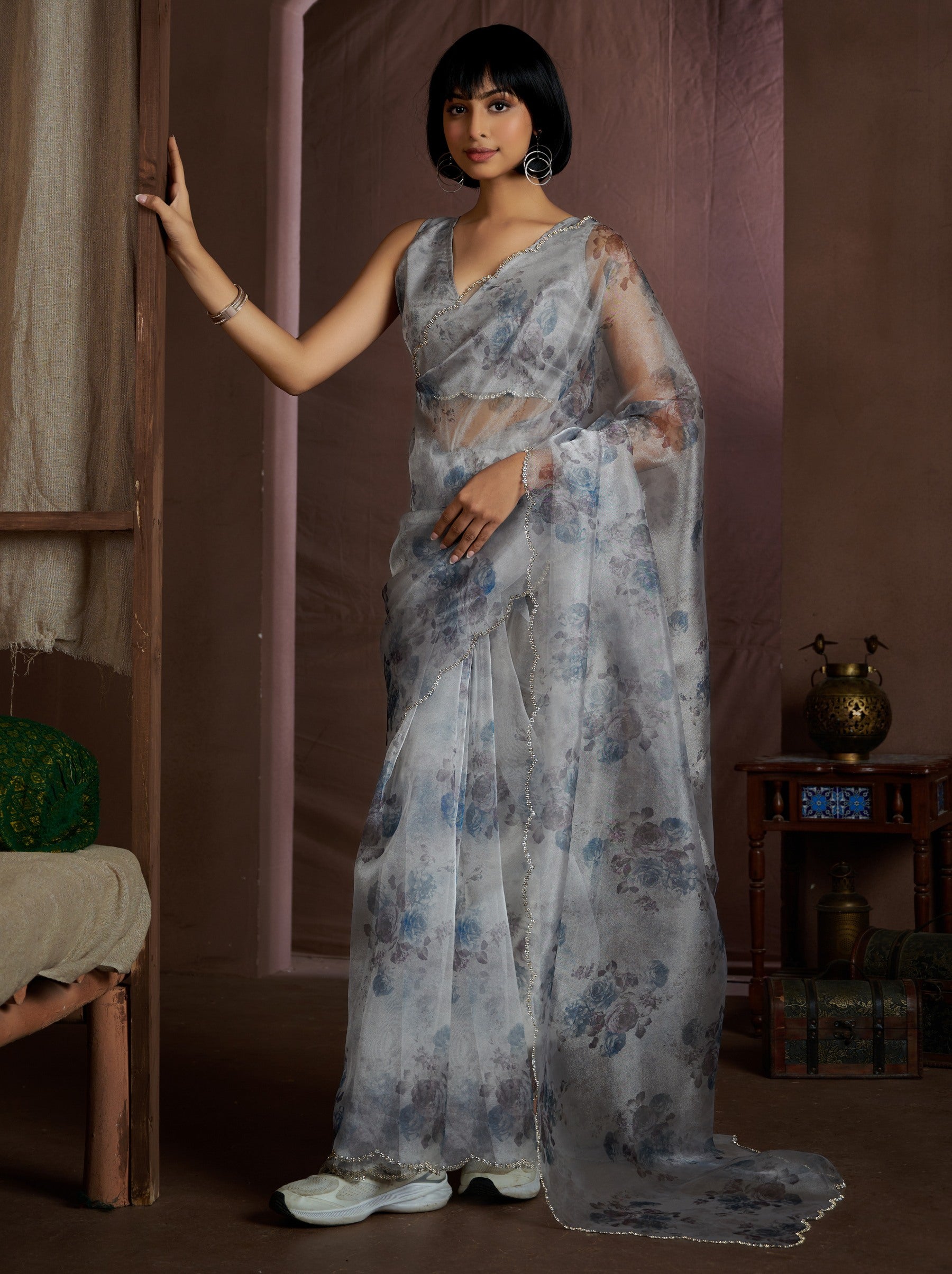 Smoke Gray Digital Organza Silk Party Saree - TrendOye