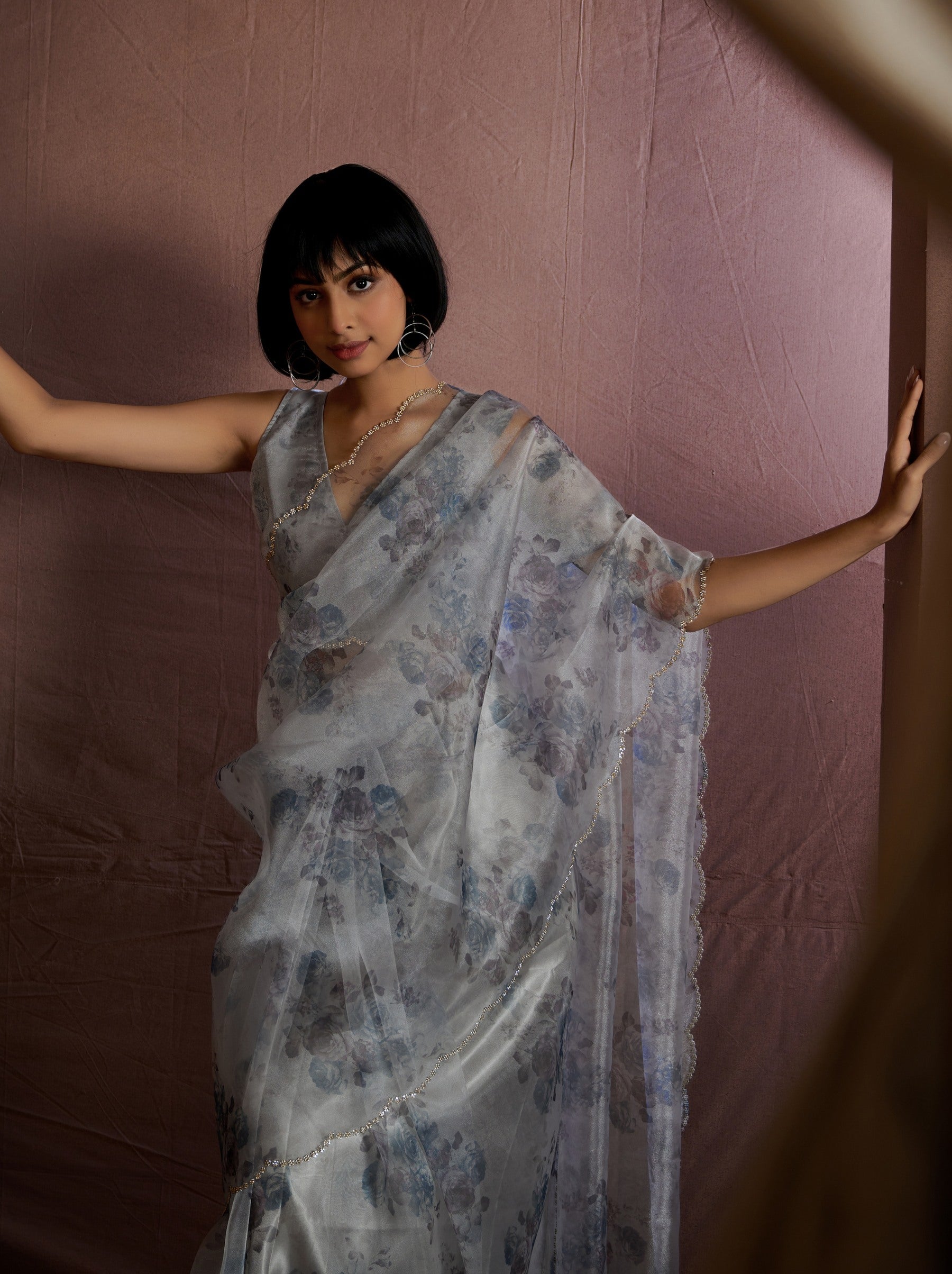 Smoke Gray Digital Organza Silk Party Saree - TrendOye