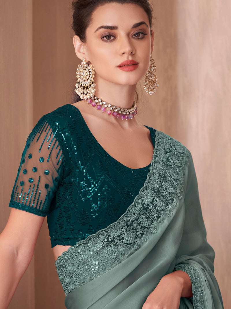 Hunter Green fancy  Silk Blended Saree - TrendOye