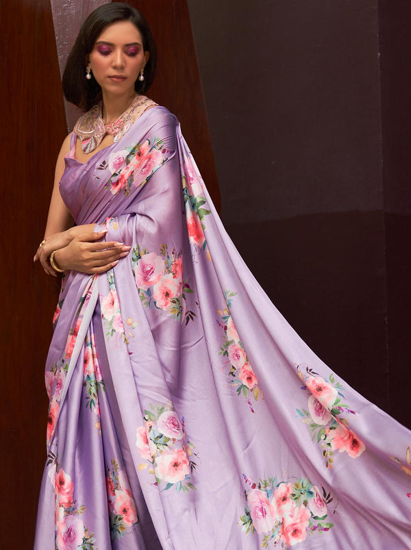 Indigo Purple Satin Silk Designer Saree - TrendOye