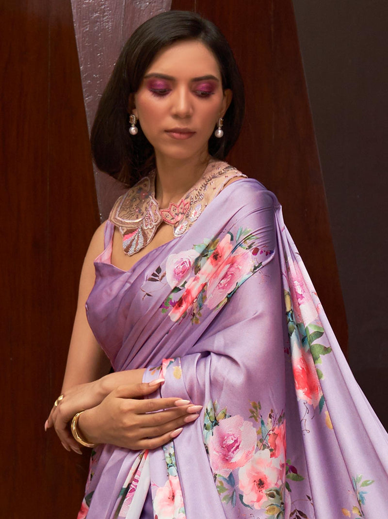 Indigo Purple Satin Silk Designer Saree - TrendOye