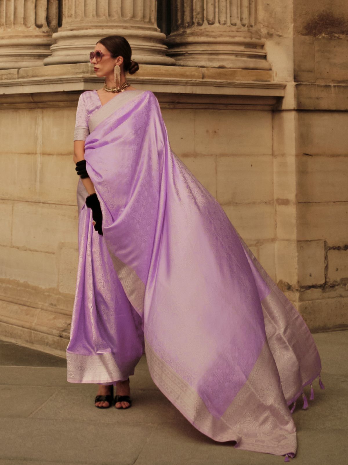 Lavender Purple Fine Satin Silk Party Saree - TrendOye