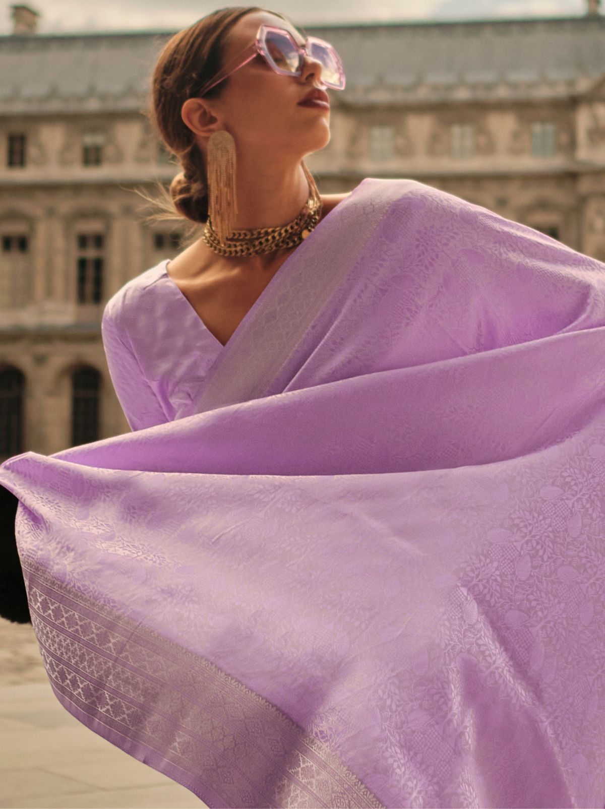 Lavender Purple Fine Satin Silk Party Saree - TrendOye