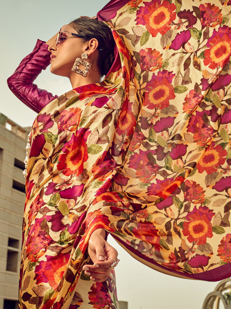 Maroon-Beige Floral Pattern Fancy Digital Satin Crepe Saree