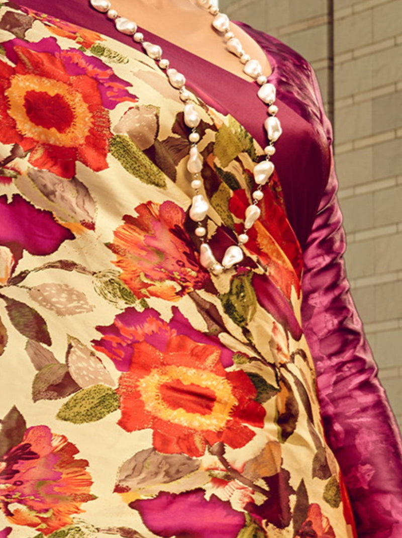 Maroon-Beige Floral Pattern Fancy Digital Satin Crepe Saree