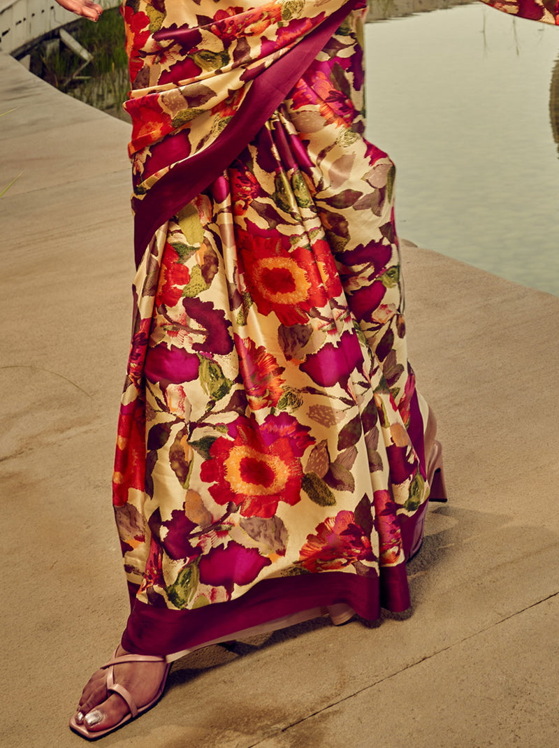 Maroon-Beige Floral Pattern Fancy Digital Satin Crepe Saree