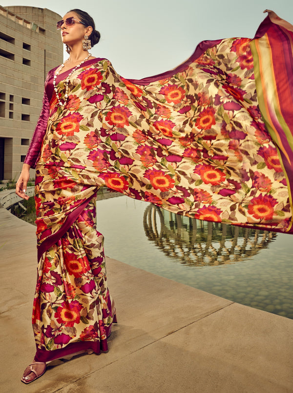 Maroon-Beige Floral Pattern Fancy Digital Satin Crepe Saree