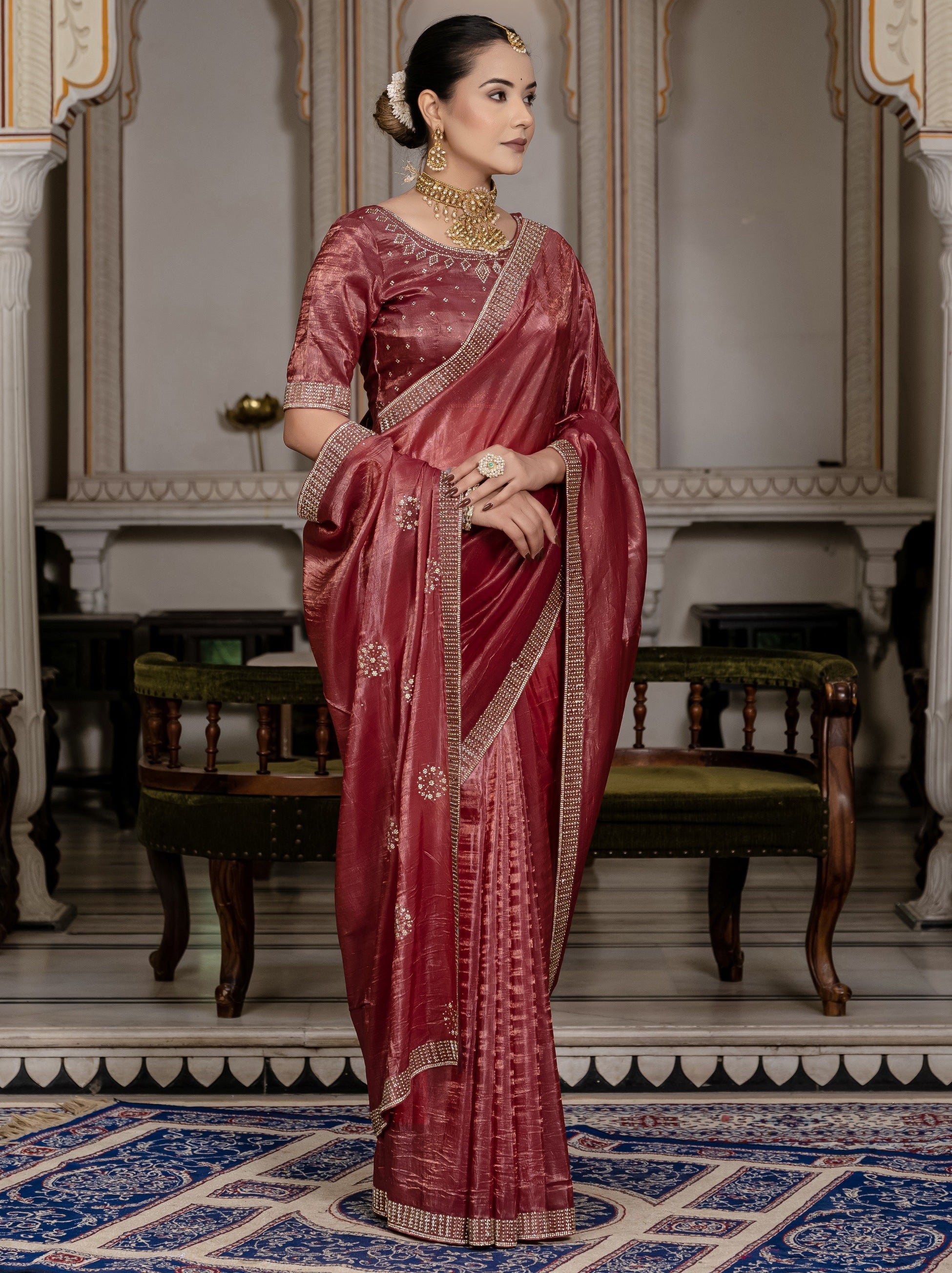 Maroon Premium Crush Silk Saree Embellished With Zircon Work