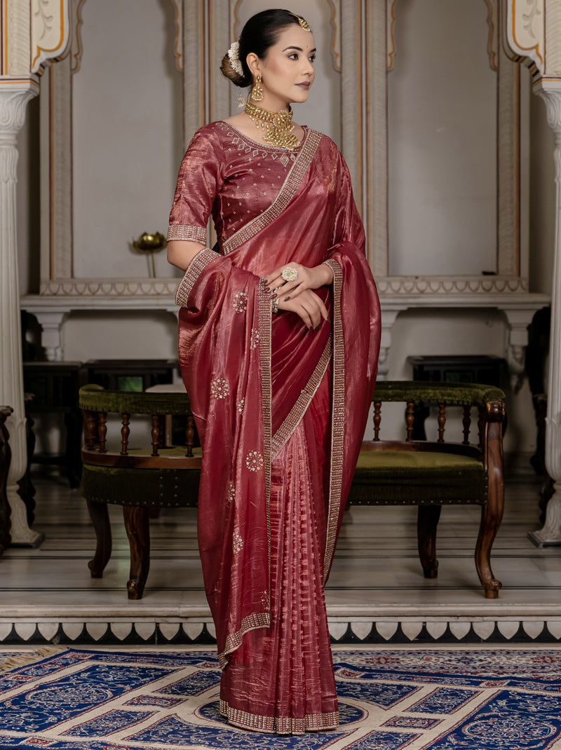 Maroon Premium Crush Silk Saree Embellished With Zircon Work