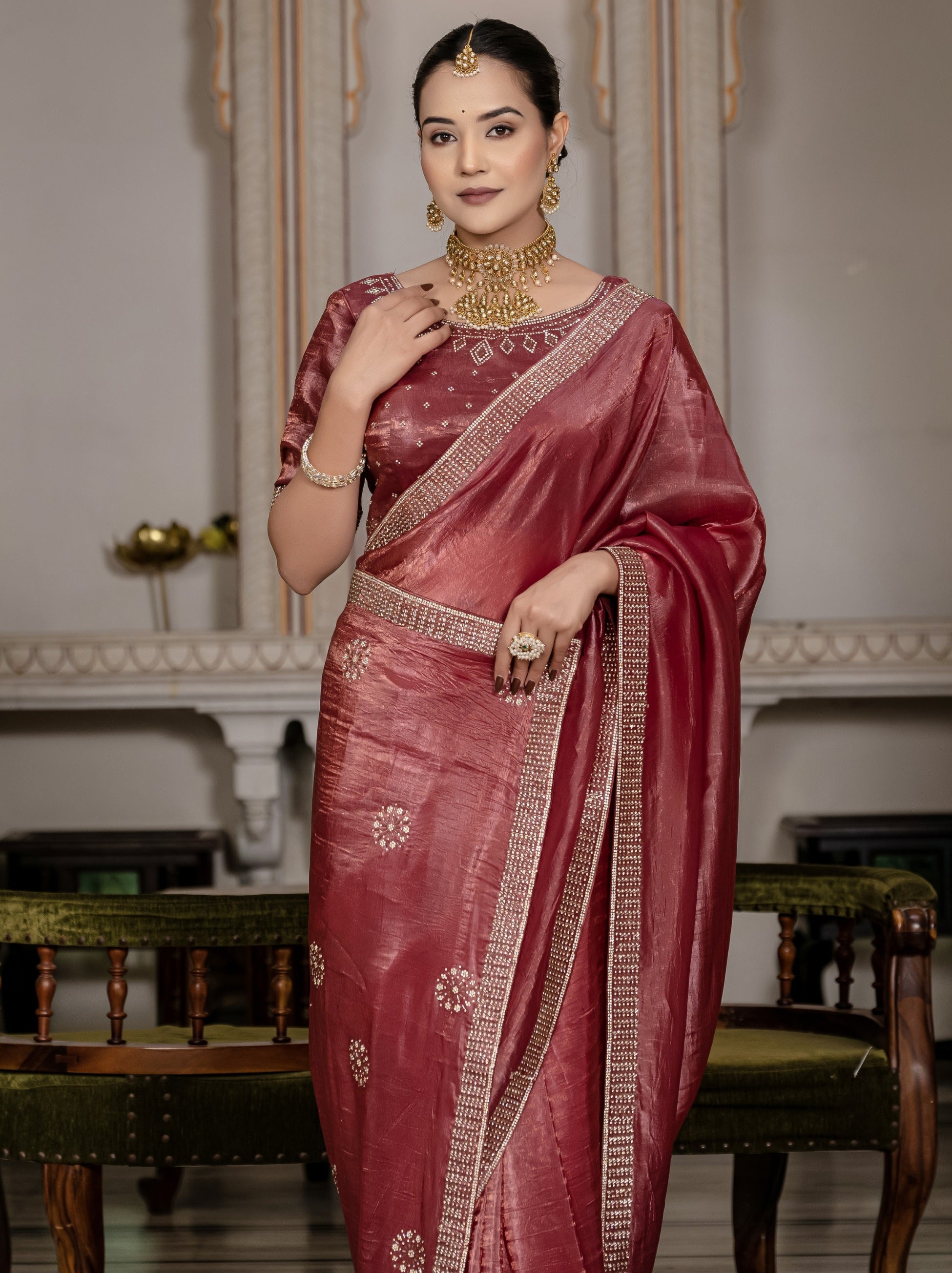 Maroon Premium Crush Silk Saree Embellished With Zircon Work